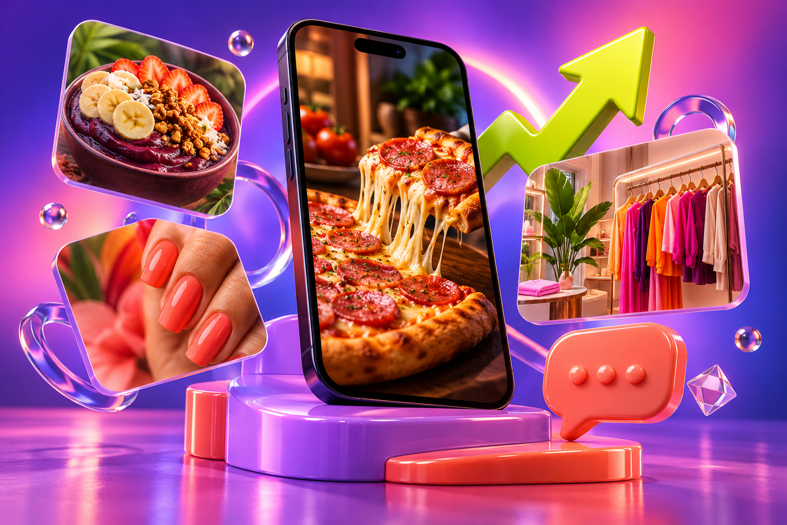 Composición creativa tridimensional de contenido para smartphones y pizza, açaí, moda y manicura.