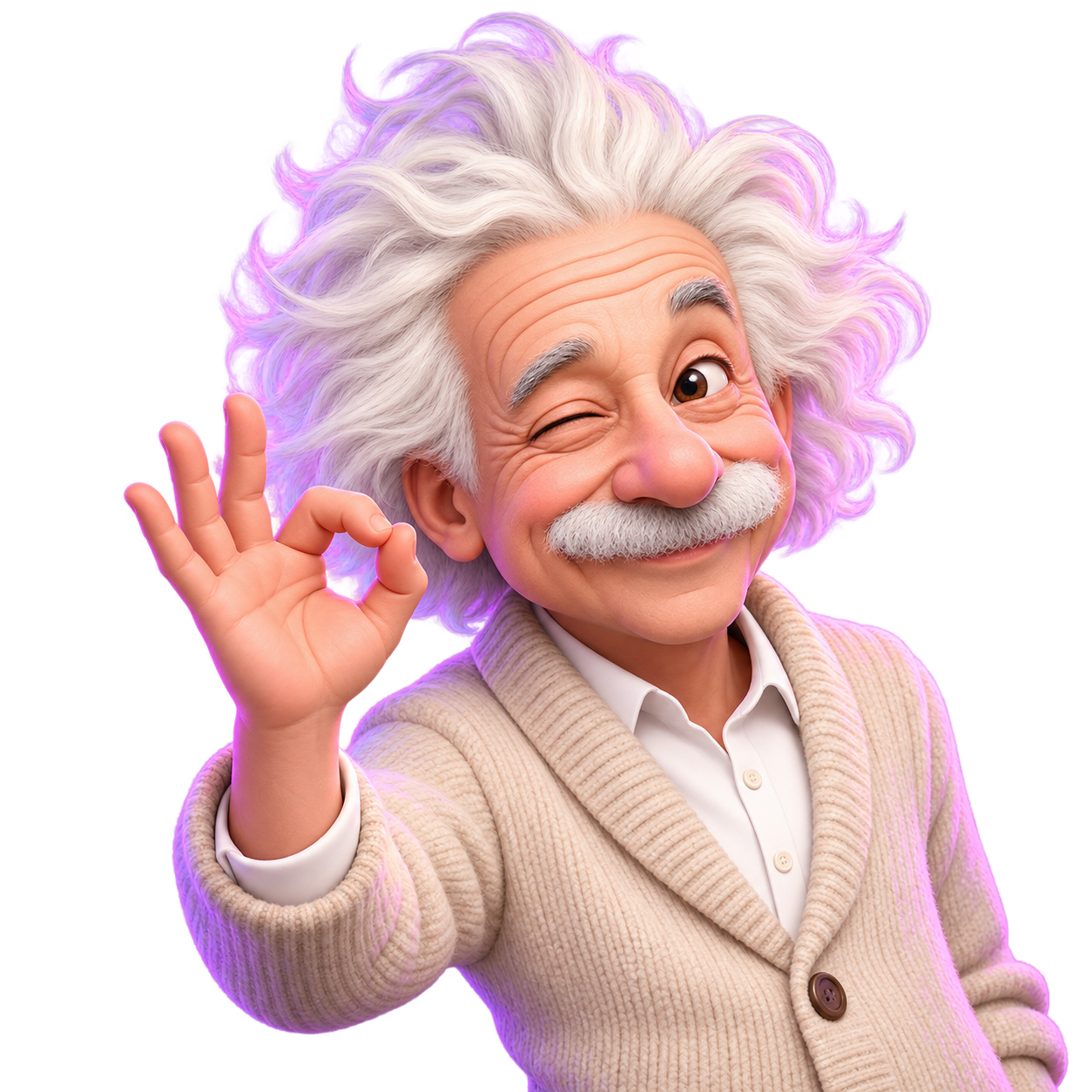 Personaje de dibujos animados inspirado en Albert Einstein, guiñando un ojo y haciendo un gesto de aprobación.