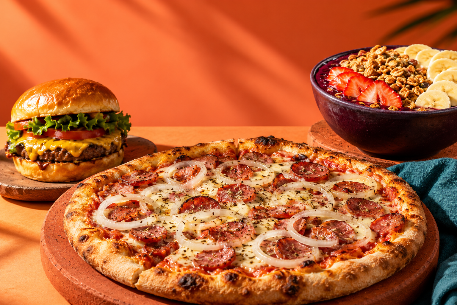 Pizza, hamburguesa y açaí en fotografía ilustrativa